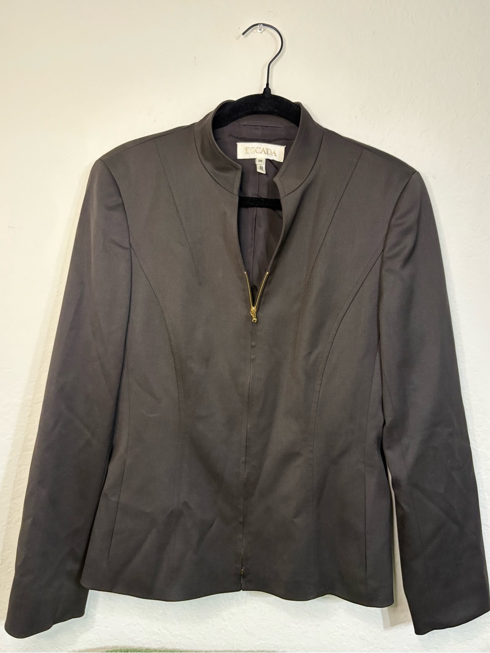 Escada Germany Virgin Wool Zip Jacket Gray Stand Collar Tailored Blazer size 36